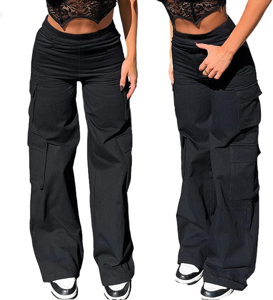 Nuofengkudu Cargohose Damen Weite Hosen Stretch High Waist Cargo Taschen Bootcut Schlaghose Damenhos