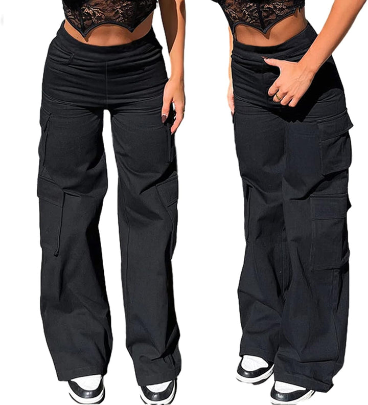 Nuofengkudu Cargohose Damen Weite Hosen Stretch High Waist Cargo Taschen Bootcut Schlaghose Damenhos