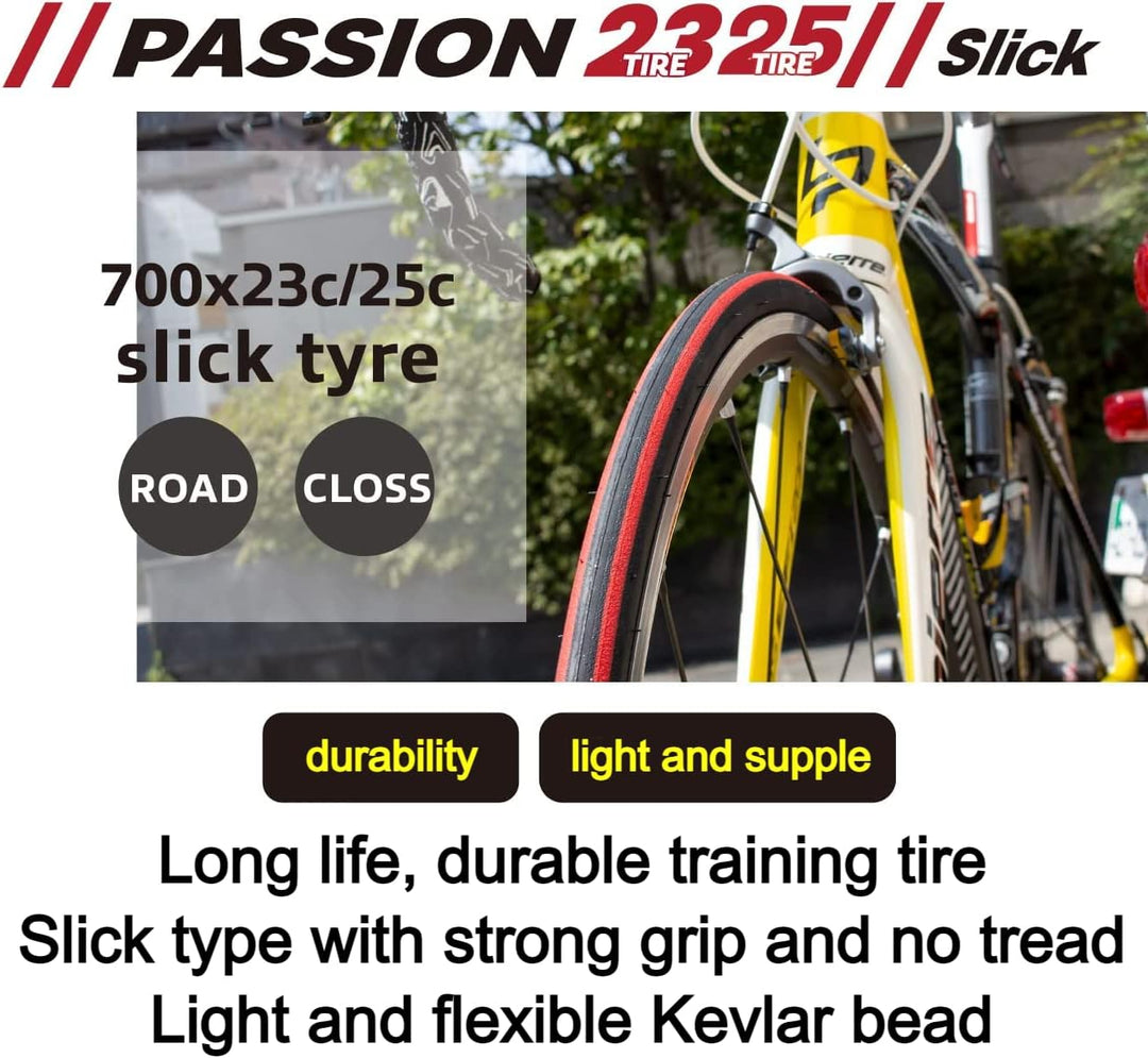 GORIX Road Bike Slick Tire 700×23C or 700×25C Cycling Bicycle (Passion) 700×23c Black×Red(1 Tire), 7