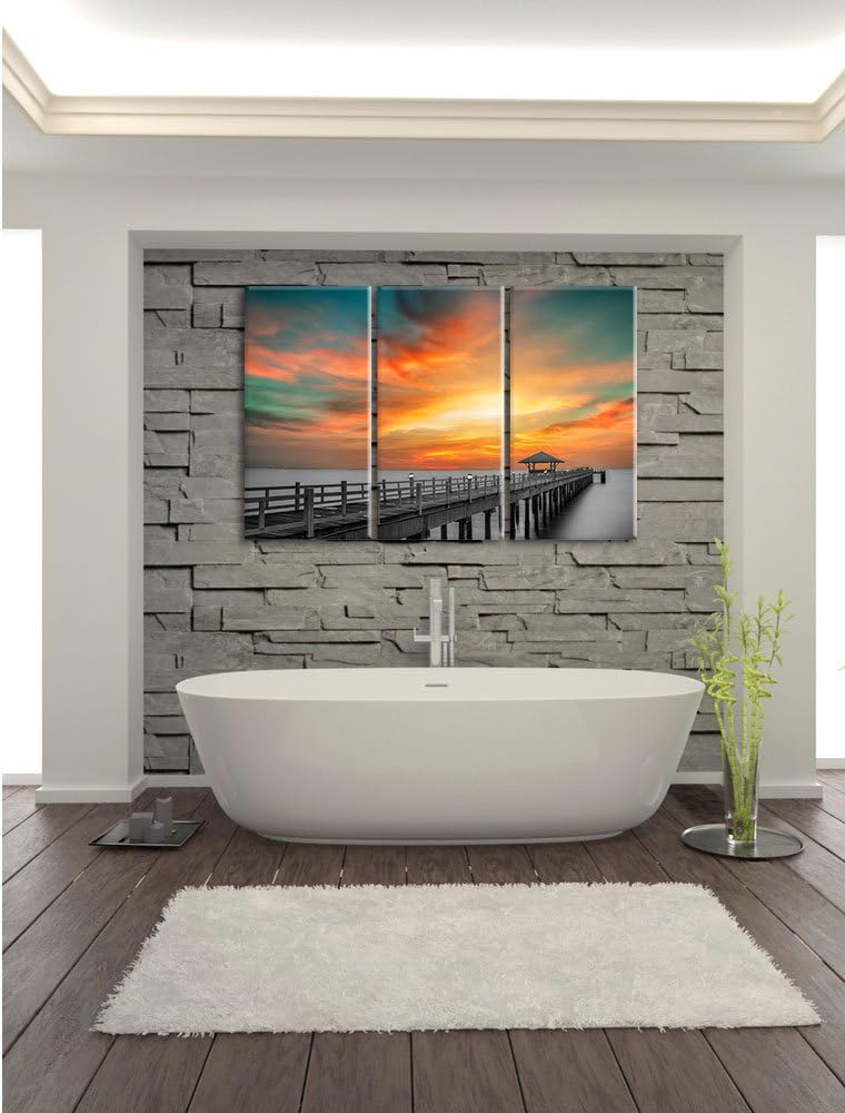 Pixxprint Steg ins Meer bei Sonnenuntergang/Format: 3-Teiler (120x80cm) cm/Leinwandbild fertig bespa