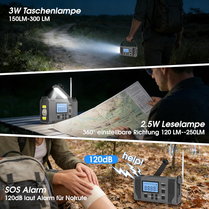 Notfall-Solar Radio, 10000mAh Notfall Kurbelradio, AM/FM Radio, Taschenlampe+ Leselicht, SOS-Alarm,