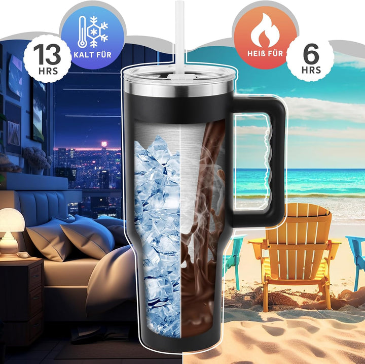 PRAOAHEI 40oz/1180 ML Thermobecher mit Strohhalm und Henkel Kaffeebecher to Go, Auslaufsicher Trinkb