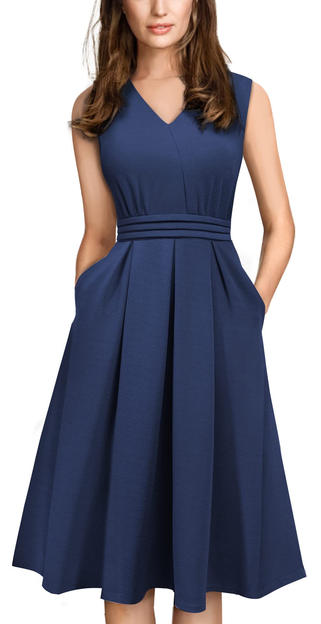 HOMEYEE Damen Vintage 50er Ärmellos Cocktail Retro mit Pocket Flared Kleid A196, XXL Dunkelblau