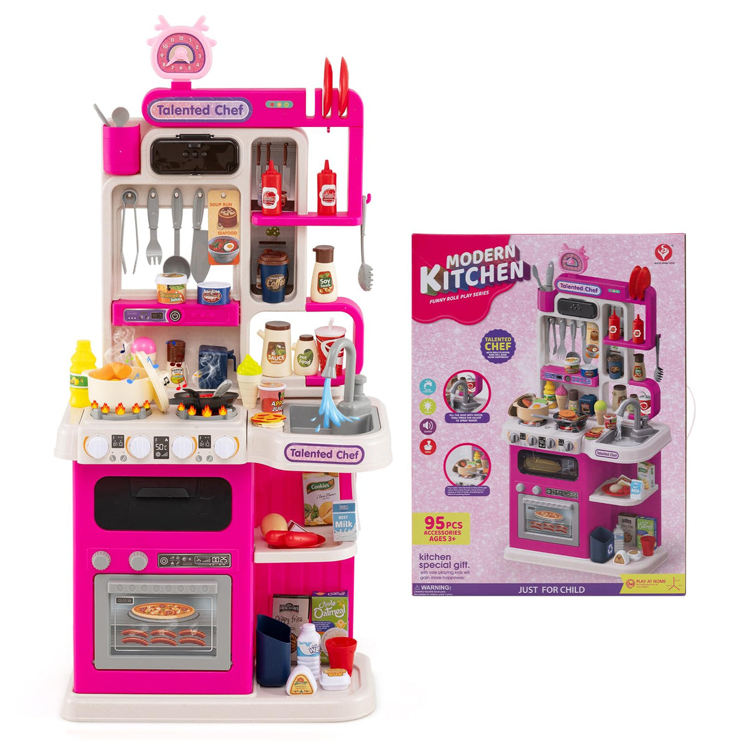 COSTWAY Kinderküche mit 95 Zubehör, Spielküche mit Licht, Sound & Dampf, Kinder Küche mit Kochherd,
