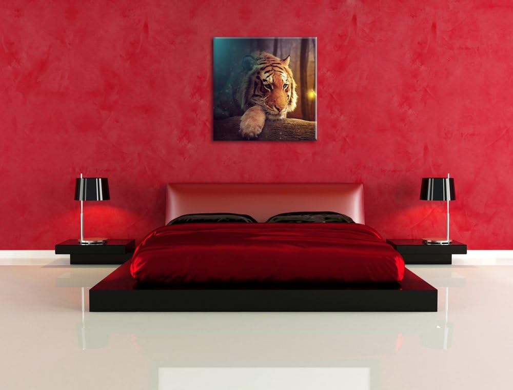 Pixxprint EIN Fantasy-Welt - eine Frau und EIN Riesen-Tiger, Format: 70x70 auf Leinwand, 70x70