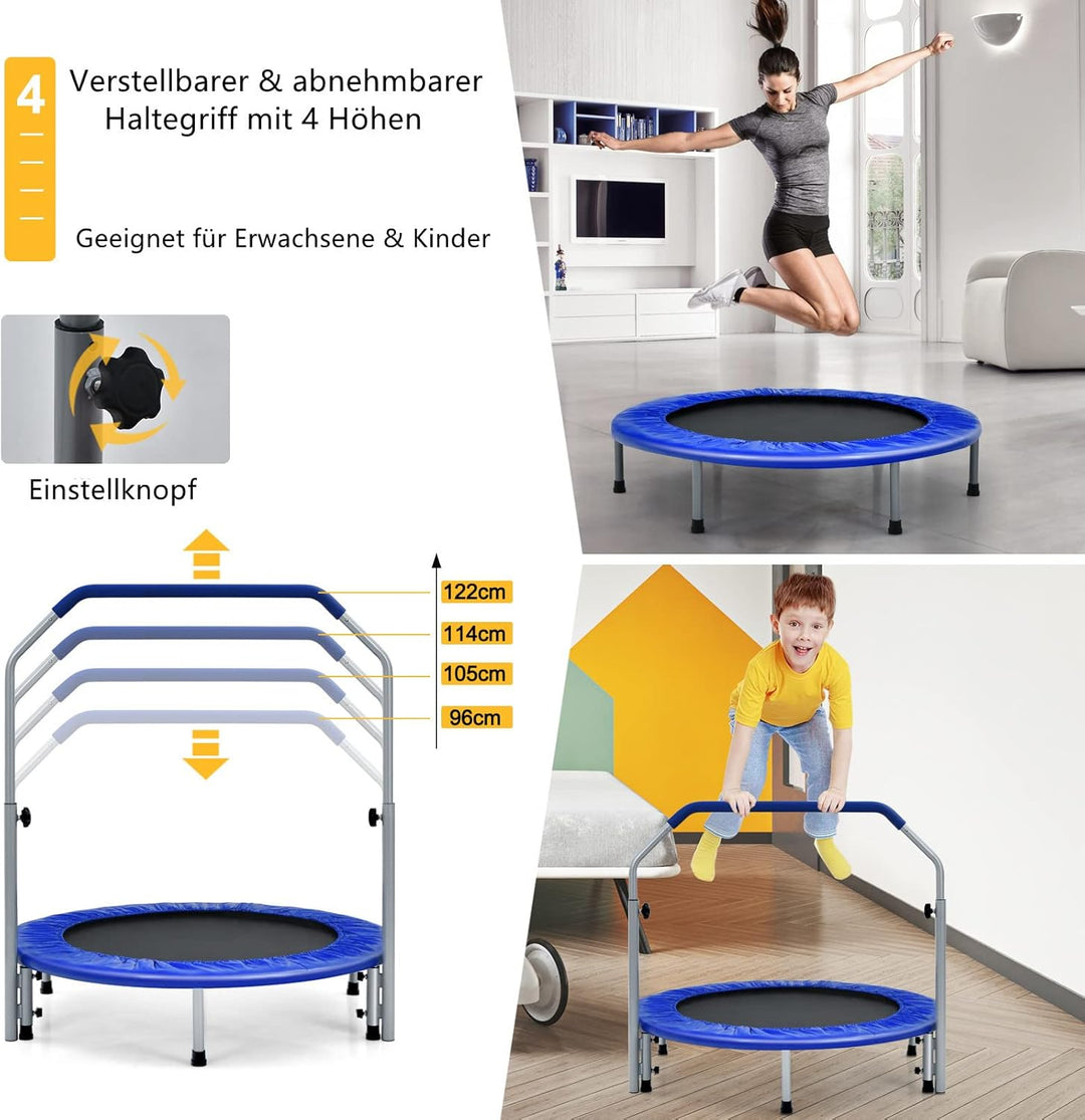 GYMAX Ø101 cm Mini Trampolin klappbar, Fitness Trampolin mit 4-stufig verstellbarem Haltegriff, Gart