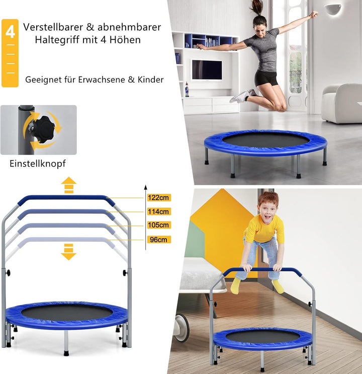 GYMAX Ø101 cm Mini Trampolin klappbar, Fitness Trampolin mit 4-stufig verstellbarem Haltegriff, Gart
