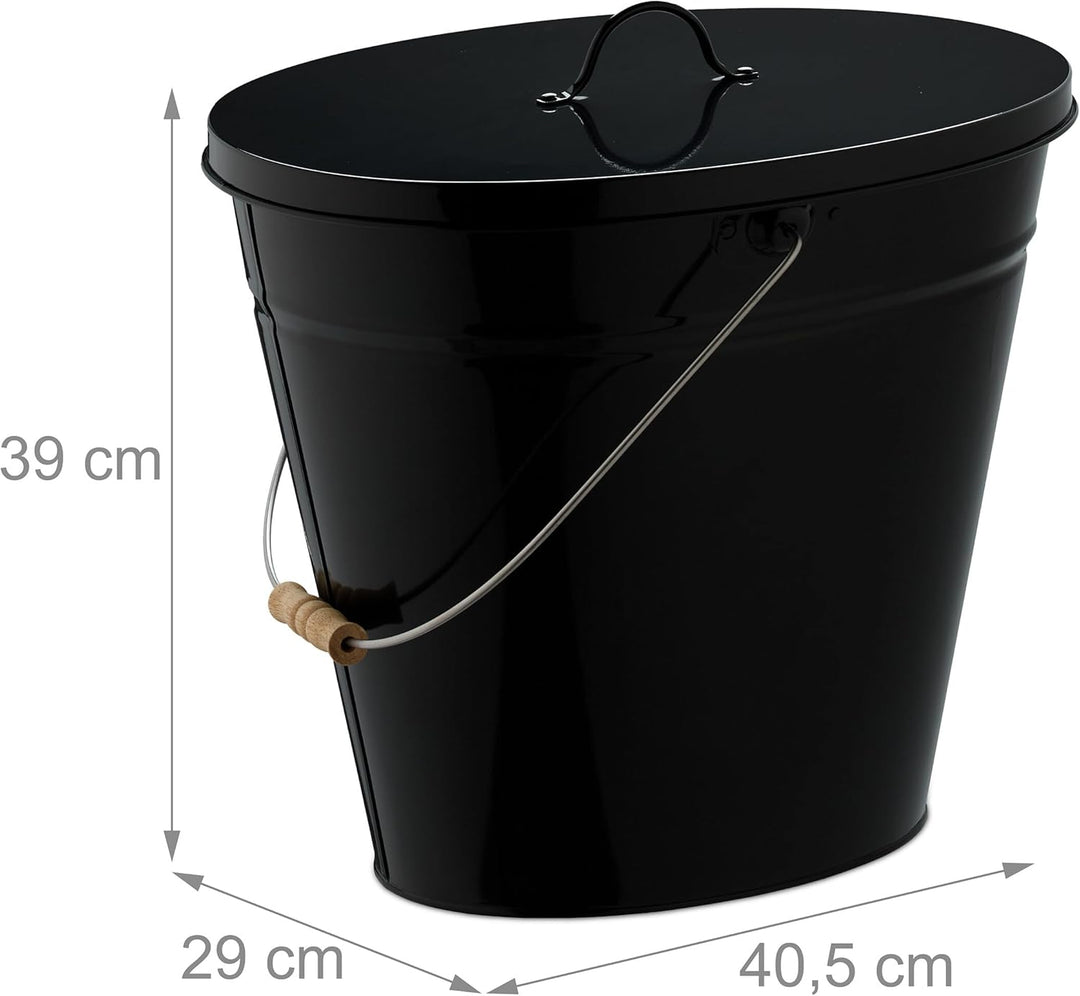 Relaxdays Ascheeimer mit Deckel, 18,5 Liter, Henkel mit Holzgriff, für Kohle & Asche, Kamin, Stahl A