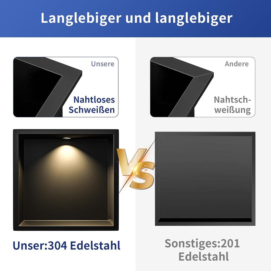 Wandnische Dusche Edelstahl mit LED Downlight, 30 cm x 30 cm, Wasserdicht - Keine Fliesen Erforderli