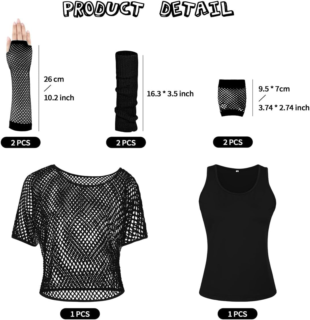 WILDPARTY 80er 90er Jahre Outfit Damen, Netzshirt, Tank top, Beinwärmer, Netzhandschuhe, Kostüm 80er