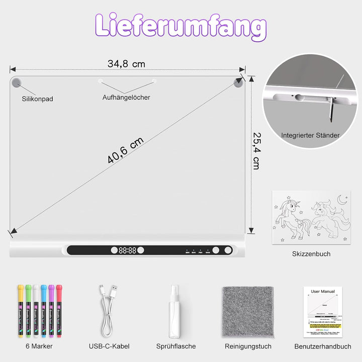 LED-Zeichenbrett Wiederaufladbares 41 cm, 9 Lichtmodi mit Timer, Neon-Trockenlöschtafel mit Ständer,