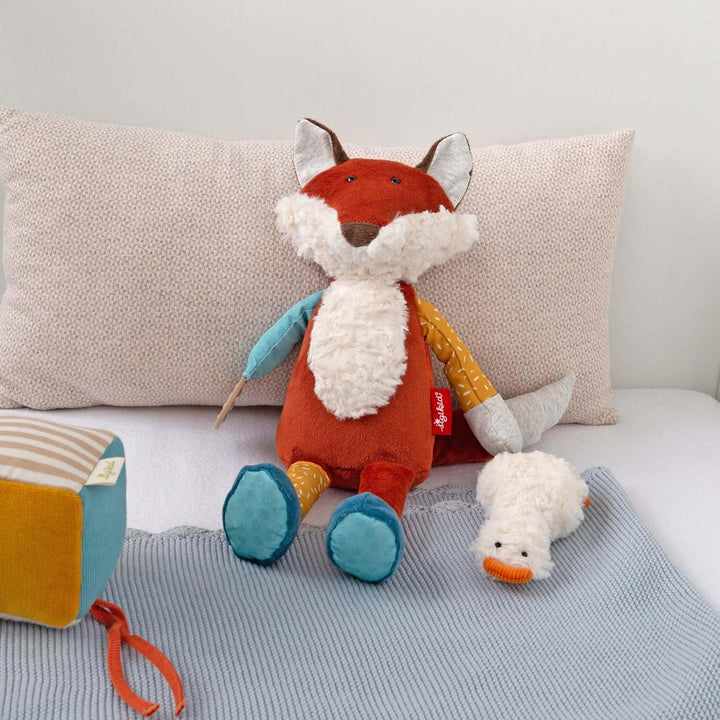 sigikid 43223 Babyaktivspielzeug Stofftier, Blau/Gelb/Rot/Fuchs, Blau/Gelb/Rot/Fuchs