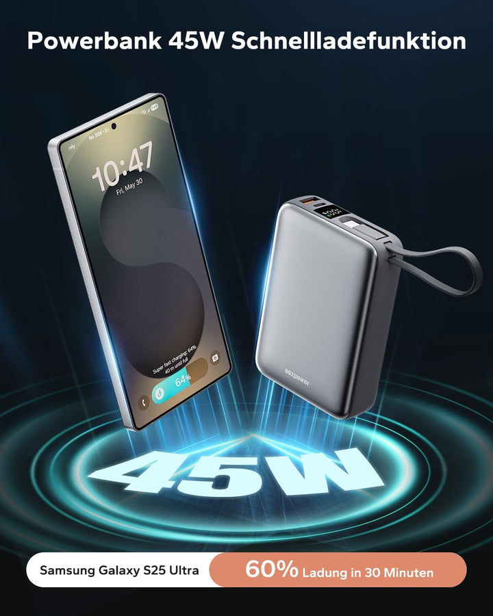 Eazpower Powerbank 20,000mAh 45W Schnellladefunktion mit Integriertem USB-C Kabel, Externe Handyakku