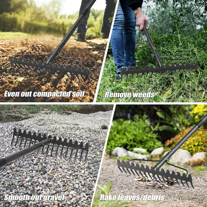 Gartenrechen mit 17 Zinken, Grossflächen Laubrechen mit breitem Kopf, Gartenharke Metall Schwerlast