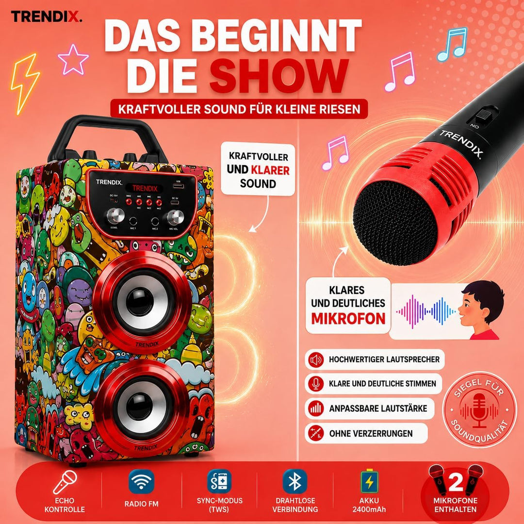 Trendix - Karaoke Maschine Kinder Monster Club | Karaoke Anlage Mit 2 Mikrofonen, Radio Fm, USB, Blu