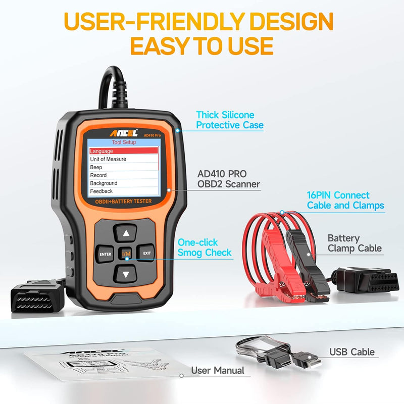 ANCEL AD410PRO OBD2 Diagnosegerät Batterietester 2-in-1, OBD2 Scanner Universal KFZ-Fehlercode-Leseg