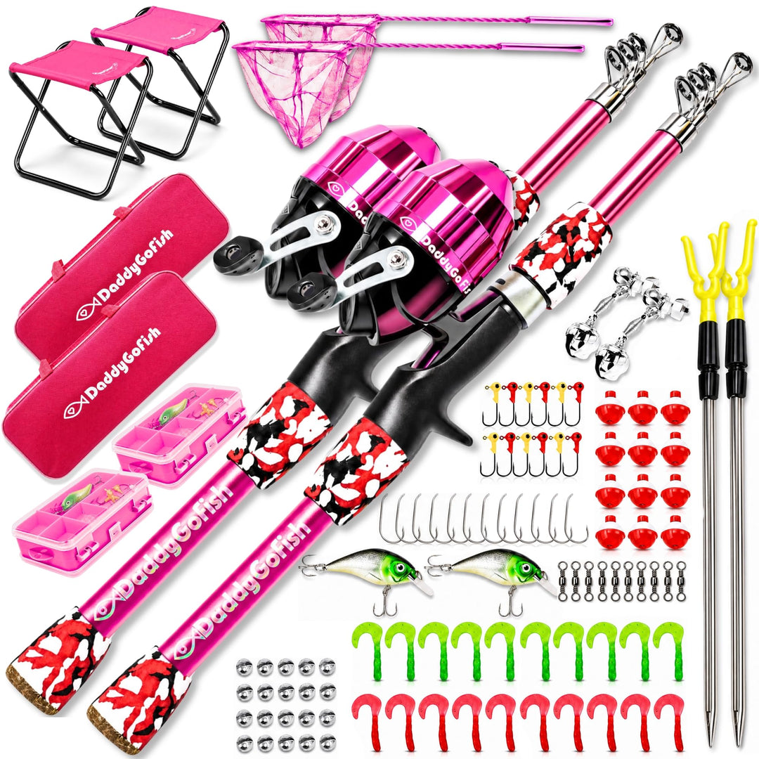 DaddyGoFish Kinder Angelset - Teleskoprute &amp; Rolle Combo mit Klappstuhl, Rutenhalter, Tackle Box, Kö