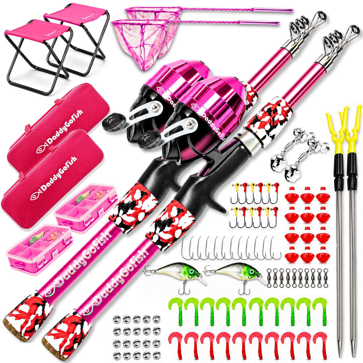 DaddyGoFish Kinder Angelset - Teleskoprute &amp; Rolle Combo mit Klappstuhl, Rutenhalter, Tackle Box, Kö