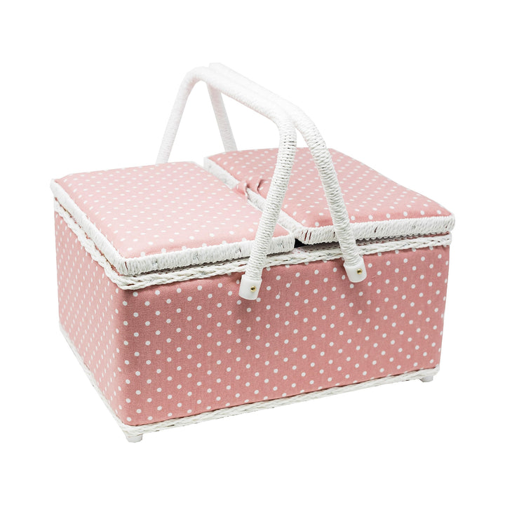 Korbond Nähkorb mit zwei Deckeln, gepunktet, 17 x 24 x 31 cm, Rosa L Pink / Punkte, L Pink / Punkte