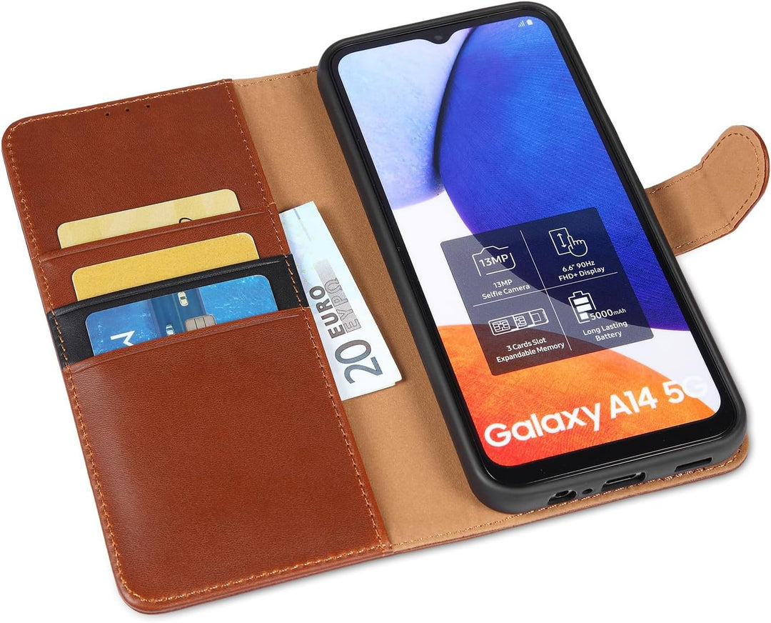 LENSUN Echtleder Hülle für Samsung Galaxy A14, Handyhülle [Echtes Leder][Kartenfach][RFID Schutz][Kl