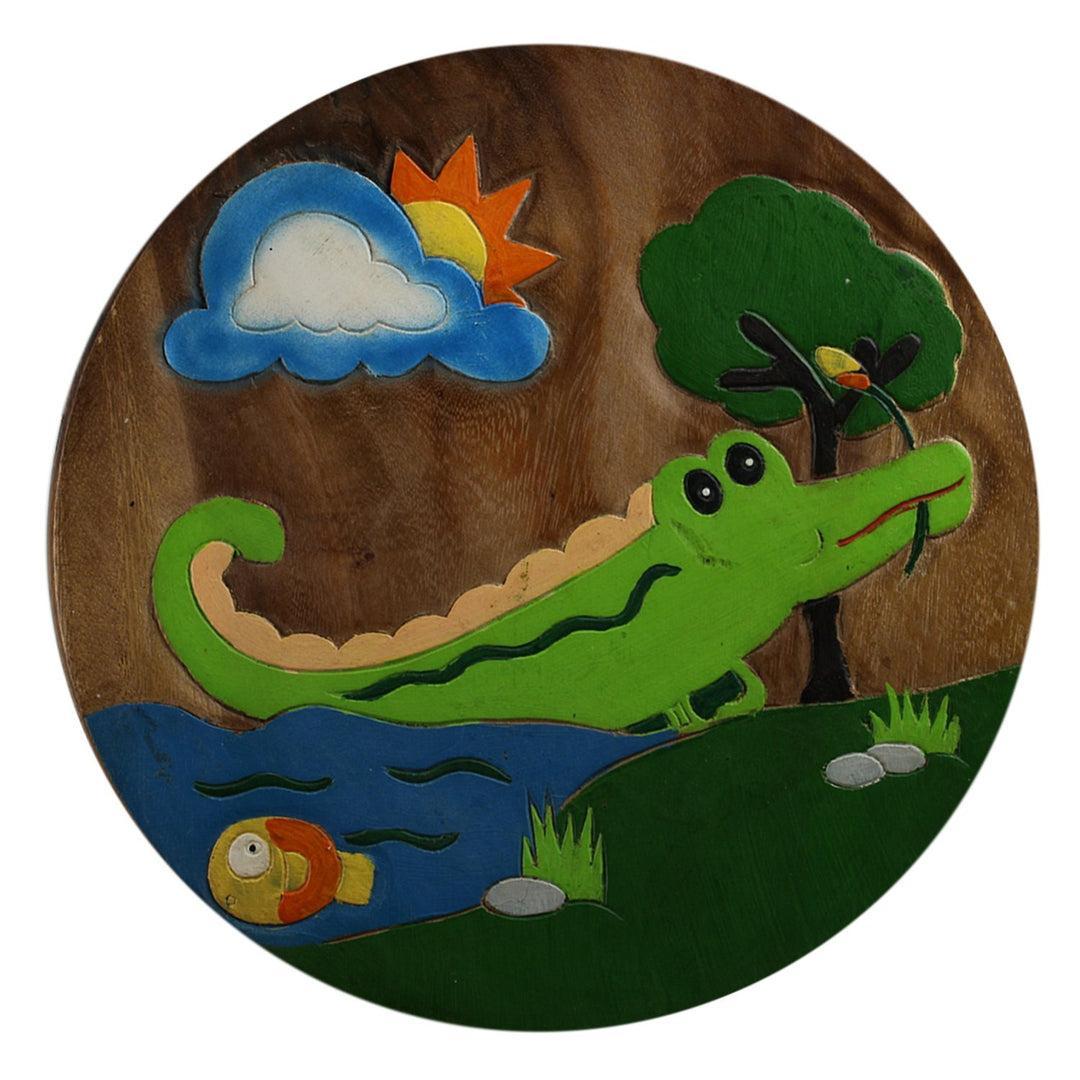 ART-CRAFT KH062 Kinderhocker Holz Schemel mit Motiv Krokodil bemalt und beschnitzt extra grosse Sitz
