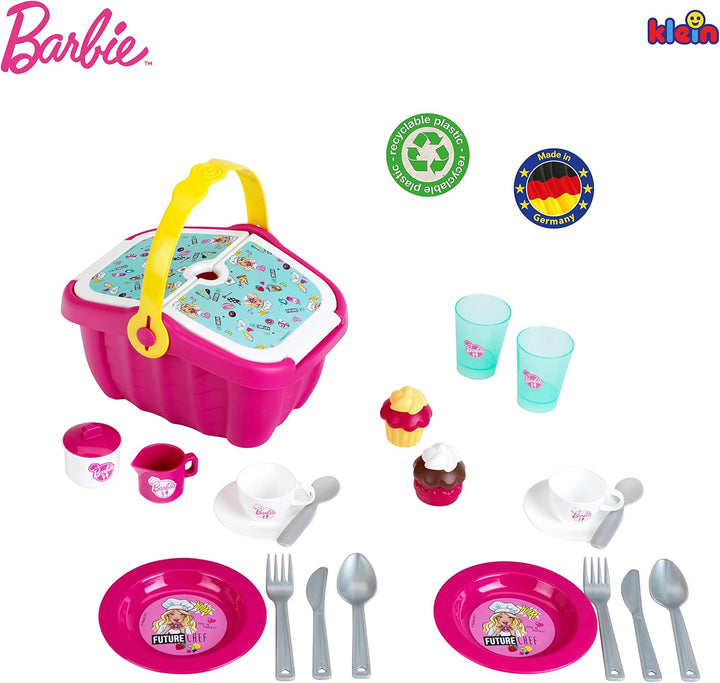 Theo Klein 9527 Barbie Picknickkorb I Robuster Spielzeug-Korb voll Buntem Geschirr und Cupcakes für