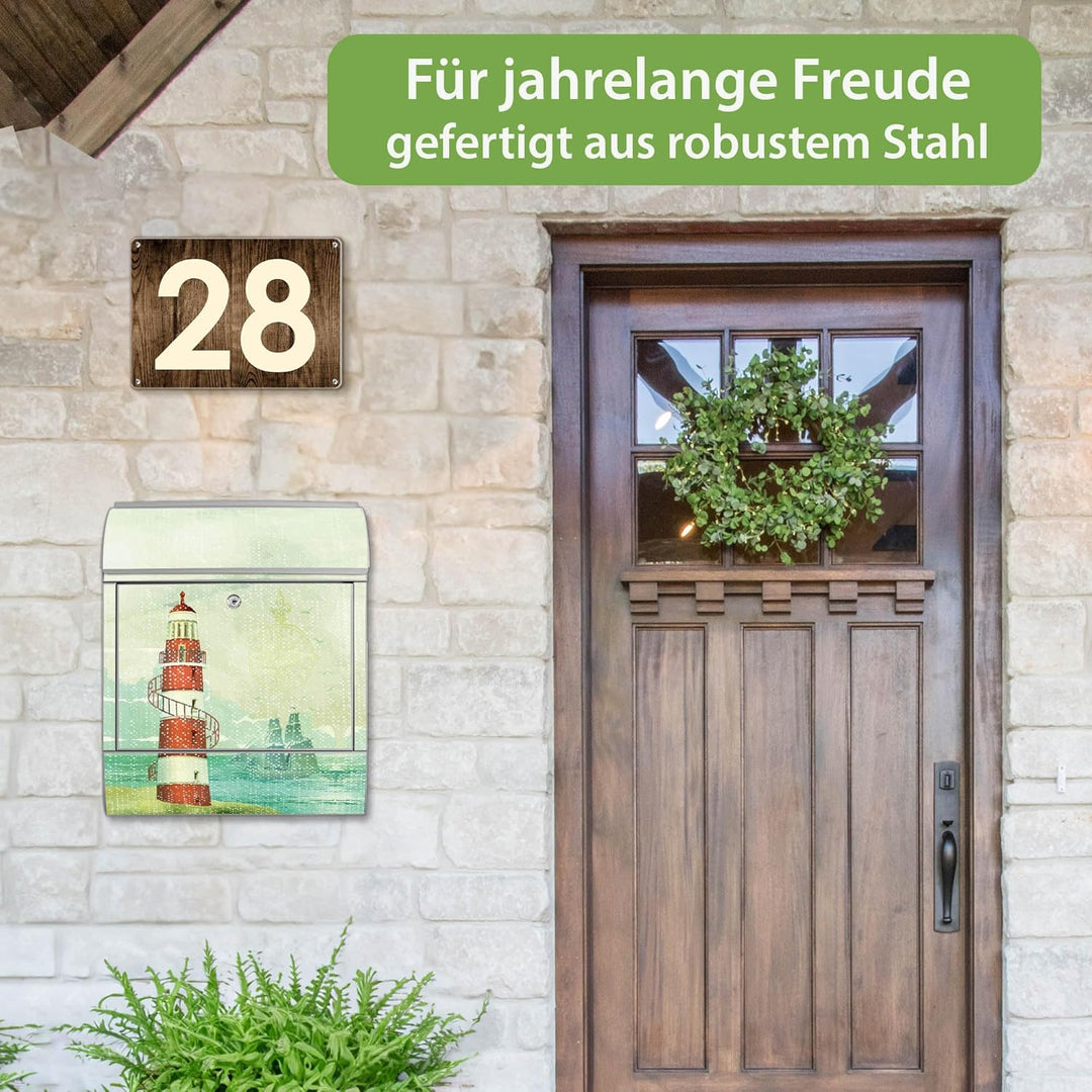 banjado® Design Briefkasten mit Motiv Alter Leuchtturm 39x47x14cm &amp; 2 Schlüssel - Briefkasten Stahl