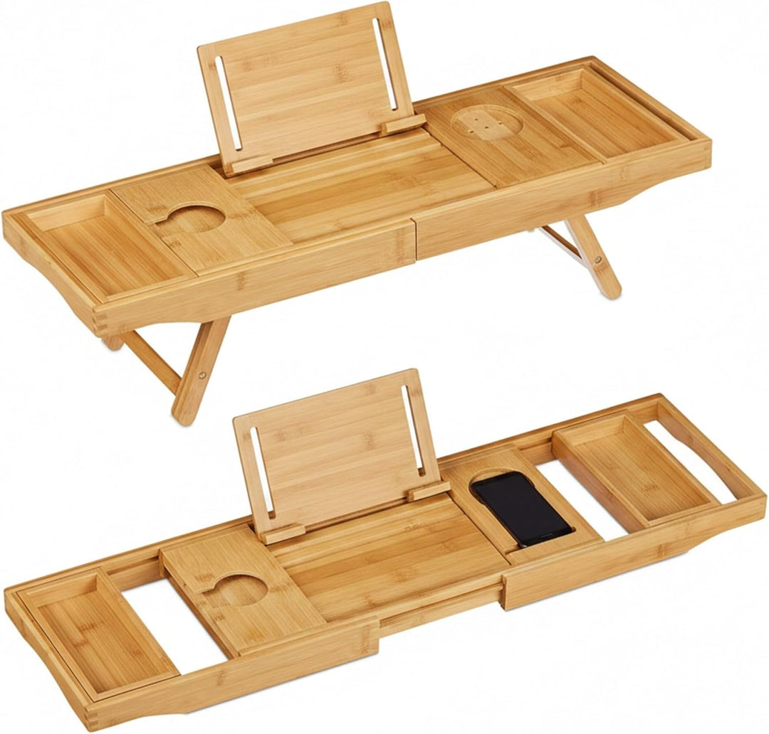 Relaxdays Bambus Badewannenablage & Tablett 2in1, Buchstütze, Weinhalter, Wannenablage, 74,5-114 cm