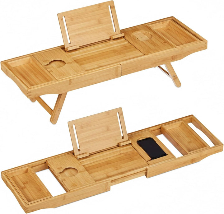 Relaxdays Bambus Badewannenablage & Tablett 2in1, Buchstütze, Weinhalter, Wannenablage, 74,5-114 cm