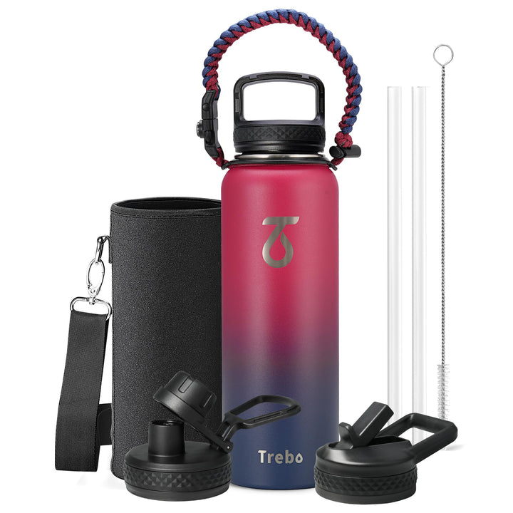 Trebo 1,2 l Wasserflasche mit 3 Deckeln und Griff, vakuumisoliert, Edelstahl, auslaufsicher, BPA-fre