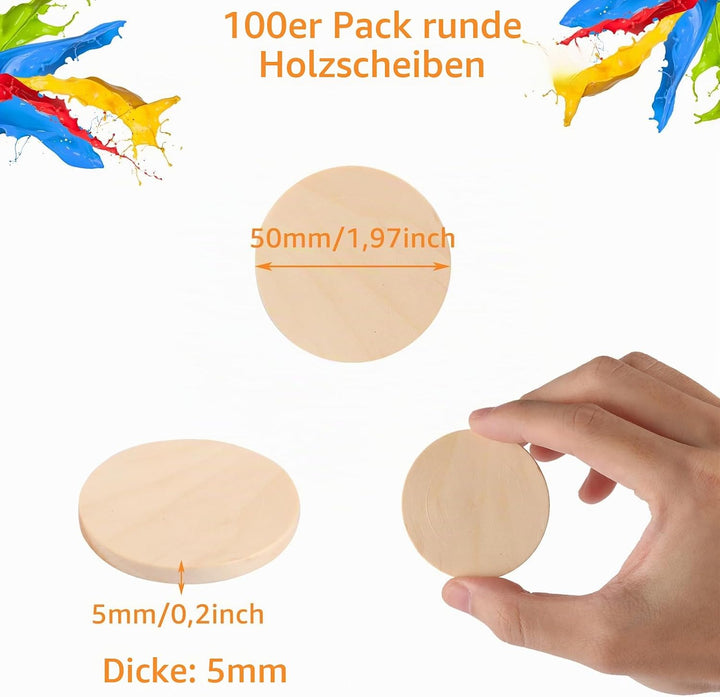 100er-Set 5cm Holzscheiben, 50mm Holz Scheiben, 5 mm dick Unvollendete Holzplatte, Holzscheiben zum
