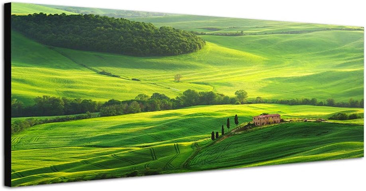 Paul Sinus Art Panoramabild auf Leinwand und Keilrahmen 120x40cm Toskana Berge Hügel Wiesen Sonnenli