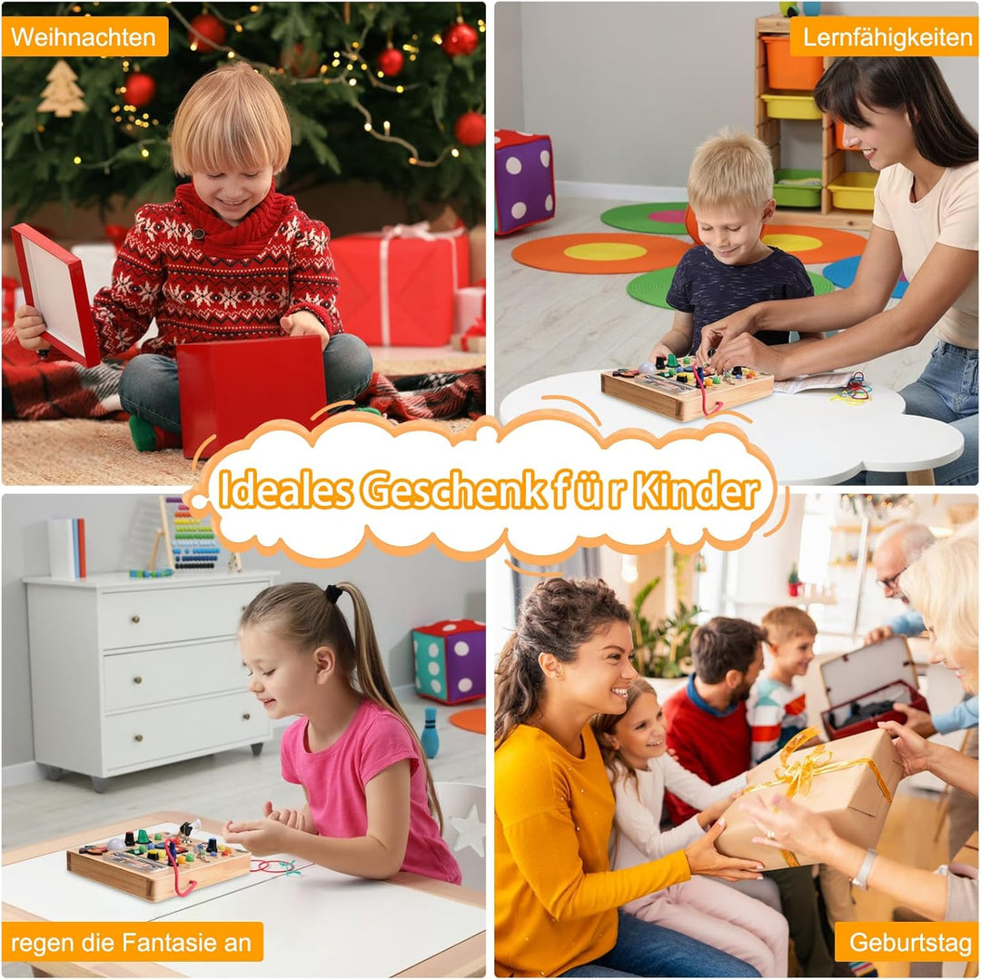 Busy Board Montessori Spielzeug für Babys ab 2 Jahr, Motorikspielzeug mit 19 LED, Holzspielzeug Sens