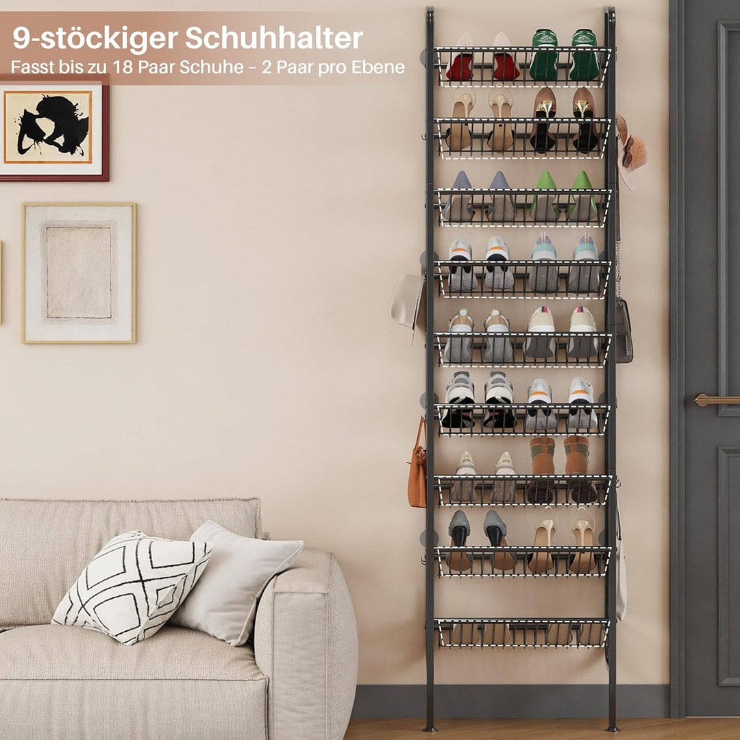 Tür Schuhregal, 9 Ebenen Metall Schuhablage Hinter der Tür, Offener Platzsparend Schuhschrank Schräg