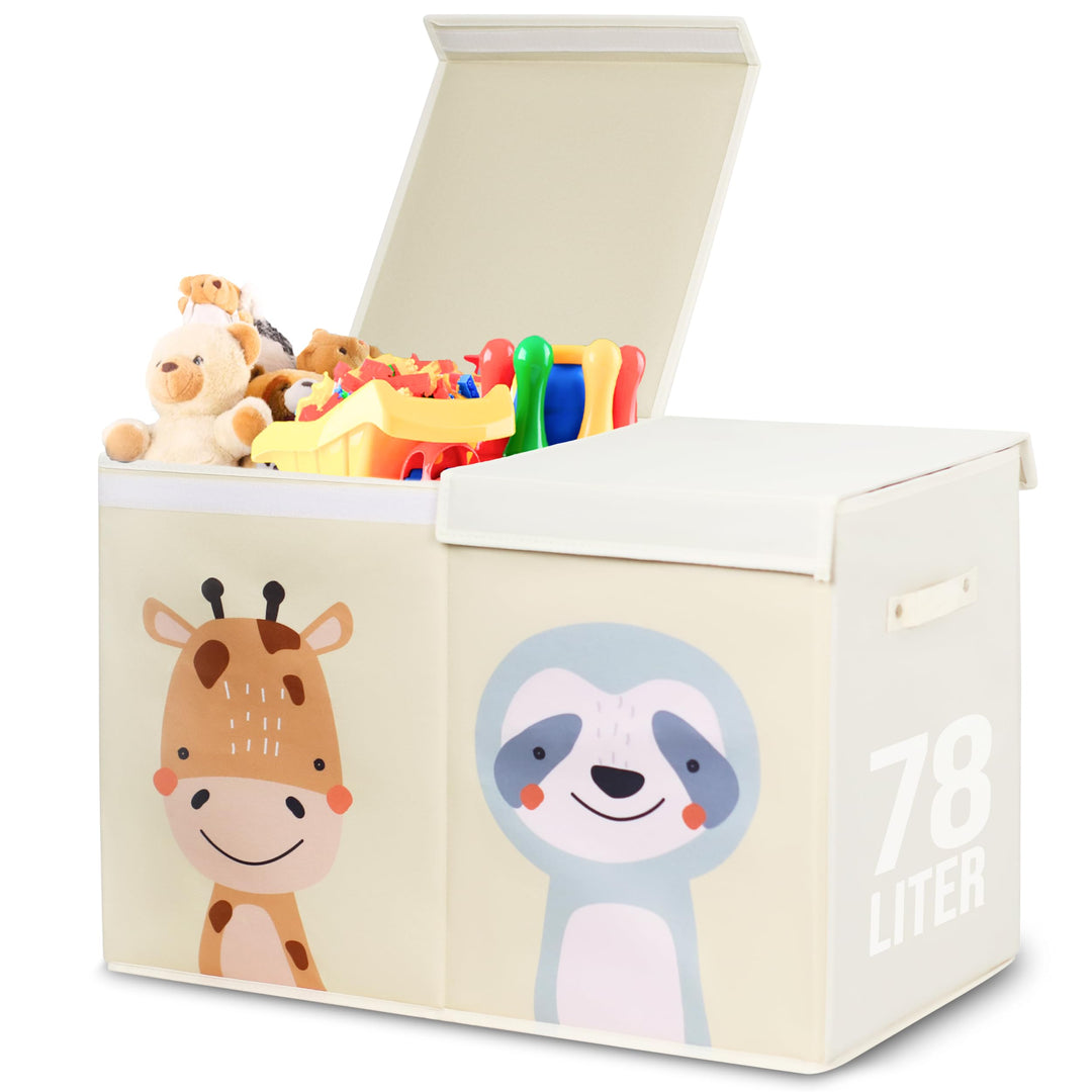 Faltbare Beige Spielzeugkiste mit Deckel und 78 Liter Inhalt. Verbesserte Version. Aufbewahrungsbox