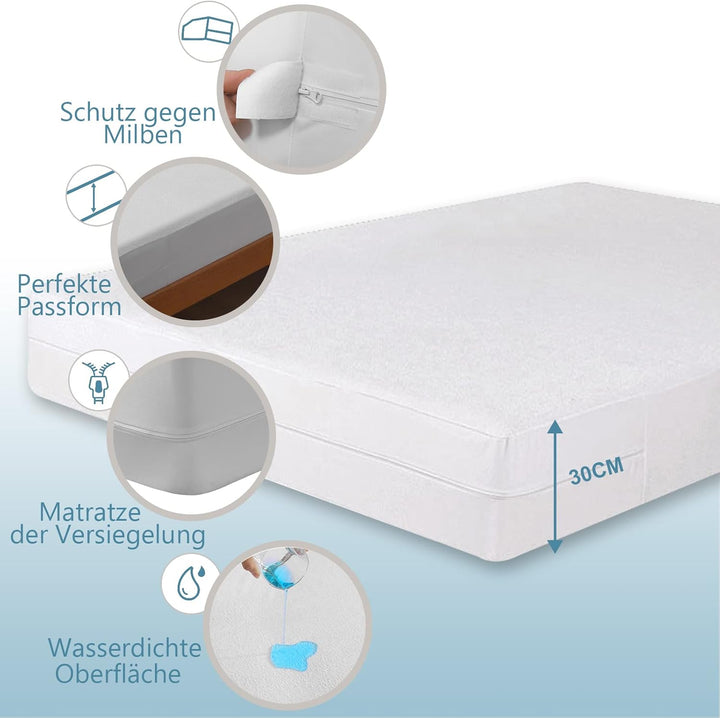 Bedecor Wasserdichter Matratzenbezug 100 x 200 cm mit Reissverschluss，Matratzenschoner Baumwolle，Atm