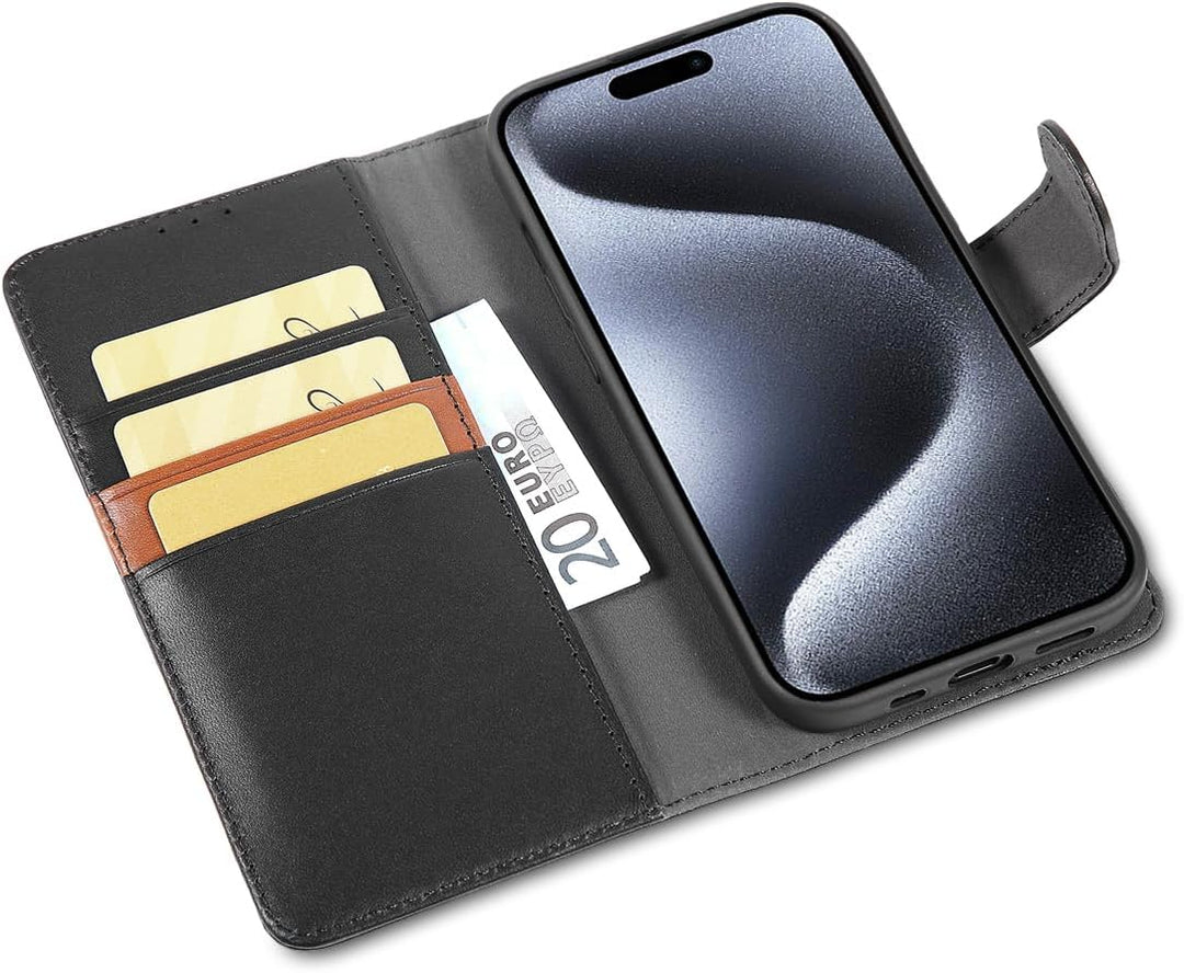 LENSUN Echtleder Hülle für iPhone 15 Pro, Handyhülle [Echtes Leder][Magnetverschluss][RFID Schutz] H