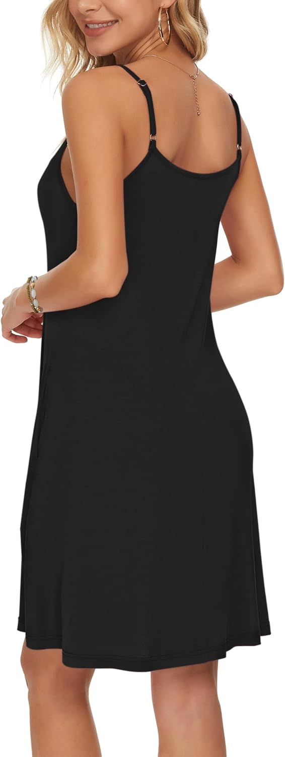 WNEEDU Damen Kleid Sommer Spaghettiträger Sommerkleid Kurze Strandkleider V Ausschnitt Leichte Freiz
