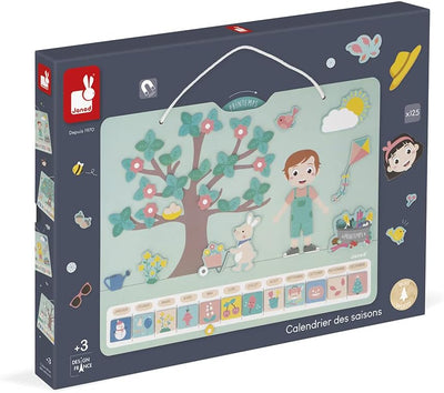 Janod - Jahreszeitenkalender – Holzkalender für Kinder 42 x 32 cm – magnetisch – 125 Magnete – Jahre