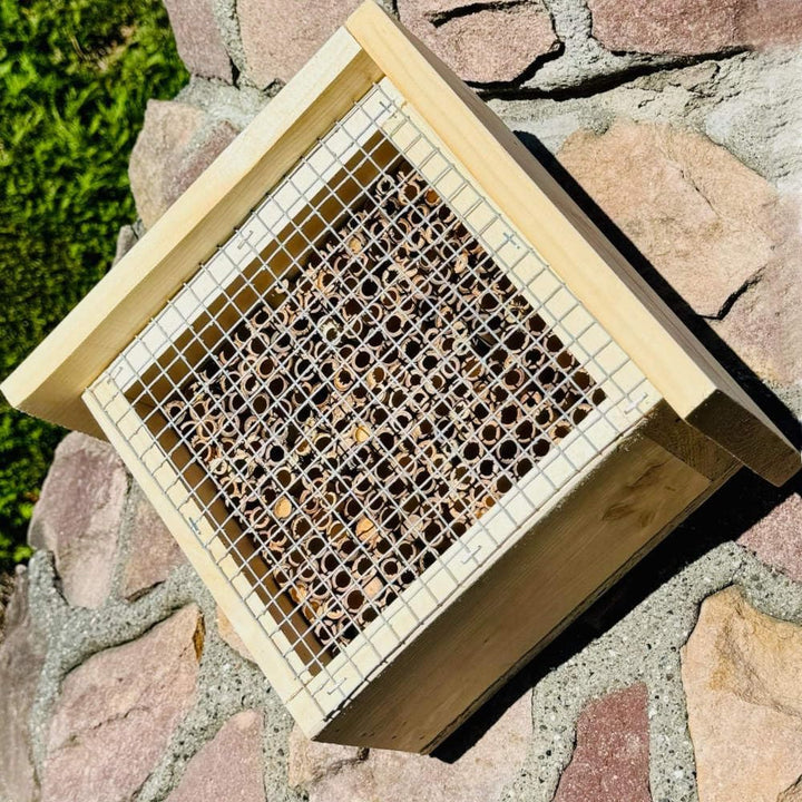 Holz Insektenhotel L Wildbienen-Nisthilfe Rechteckiges Insektenhaus Naturbelassen mit Schutzgitter