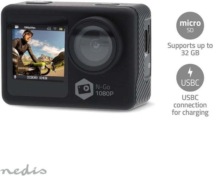 Nedis Action Cam - 1080p@30fps - 12 MPixel - Wasserdicht bis: 30.0 m - 70 min - Wi-Fi - App erhältli