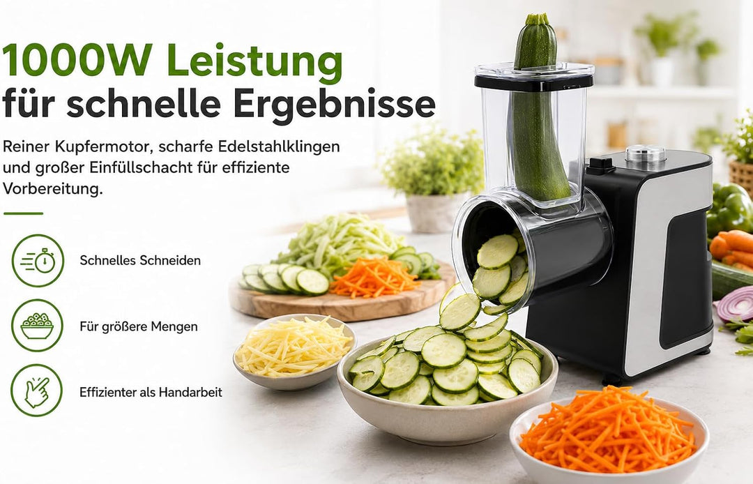 Elektrische Gemüsereibe, 1000 W, mit 10 Klingen aus Edelstahl, elektrischer Gemüseschneider für Karo