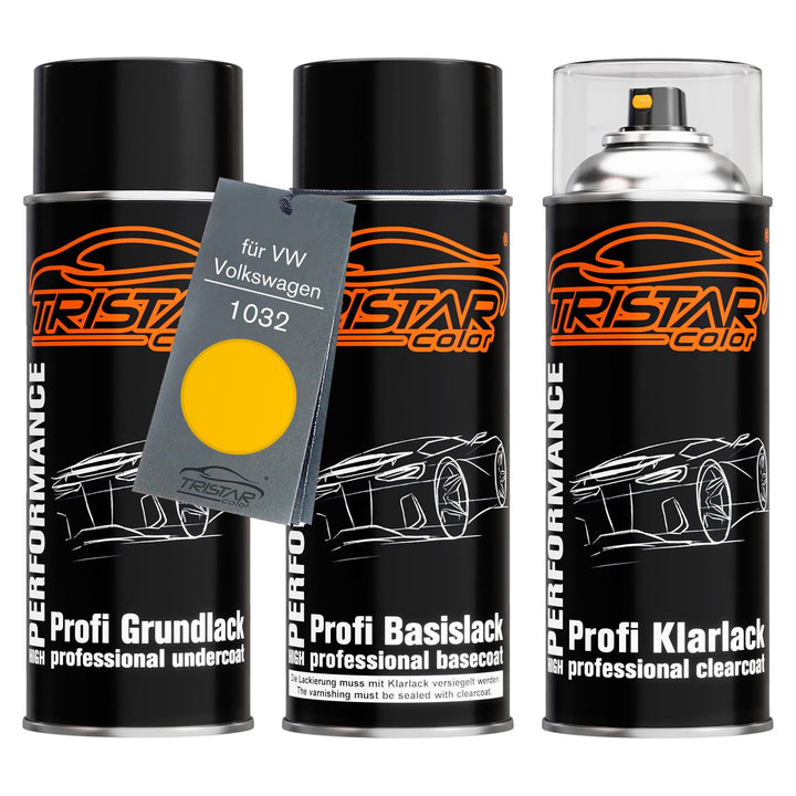 Autolack Spraydosen Set für VW/Volkswagen 1032 Postgelb Grundlack Basislack Klarlack Sprühdose 400ml