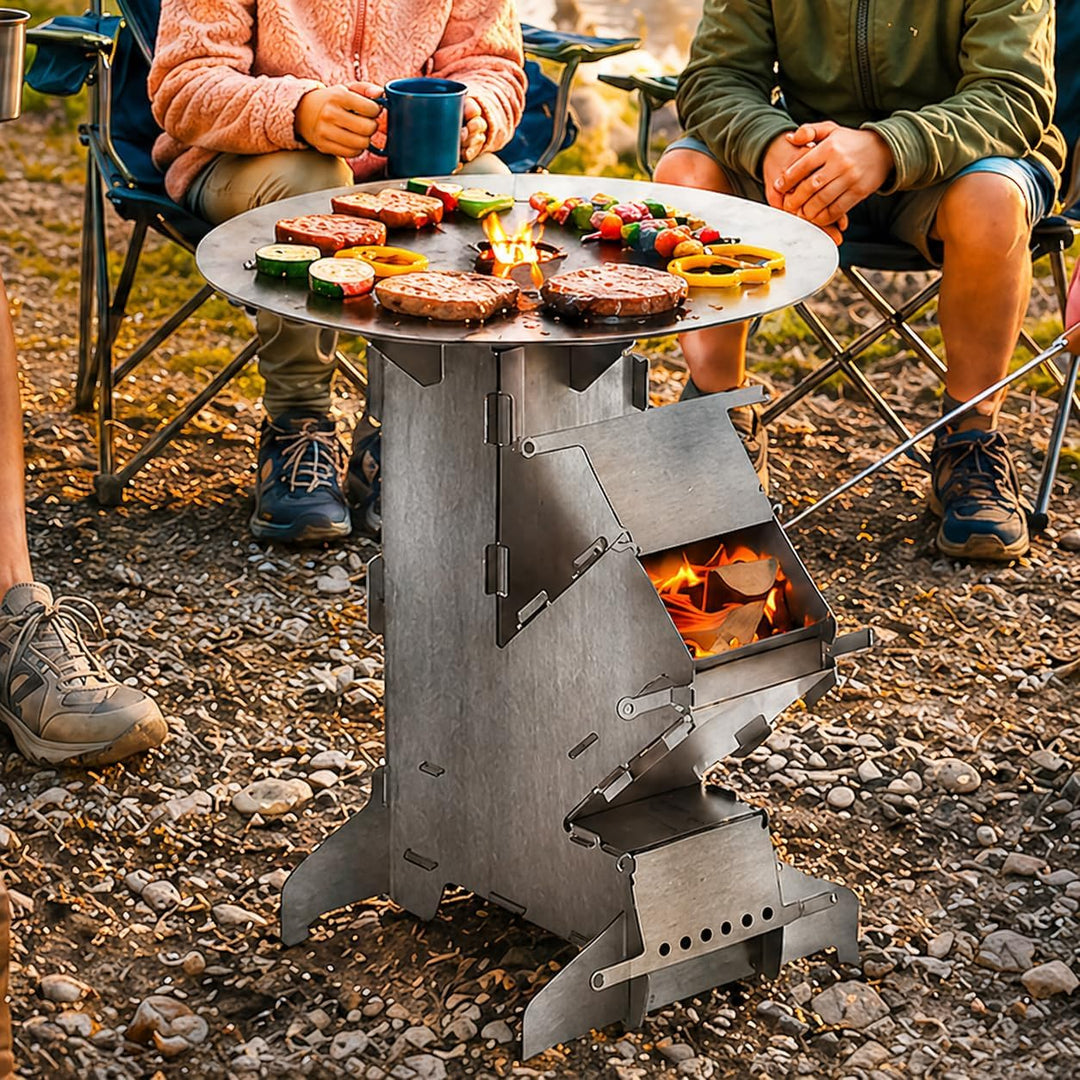 Raketenofen mit Grillplatte gross 5mm, Rocket Stove aus massivem 3 mm dickem Stahl，Holzofen mit Feue