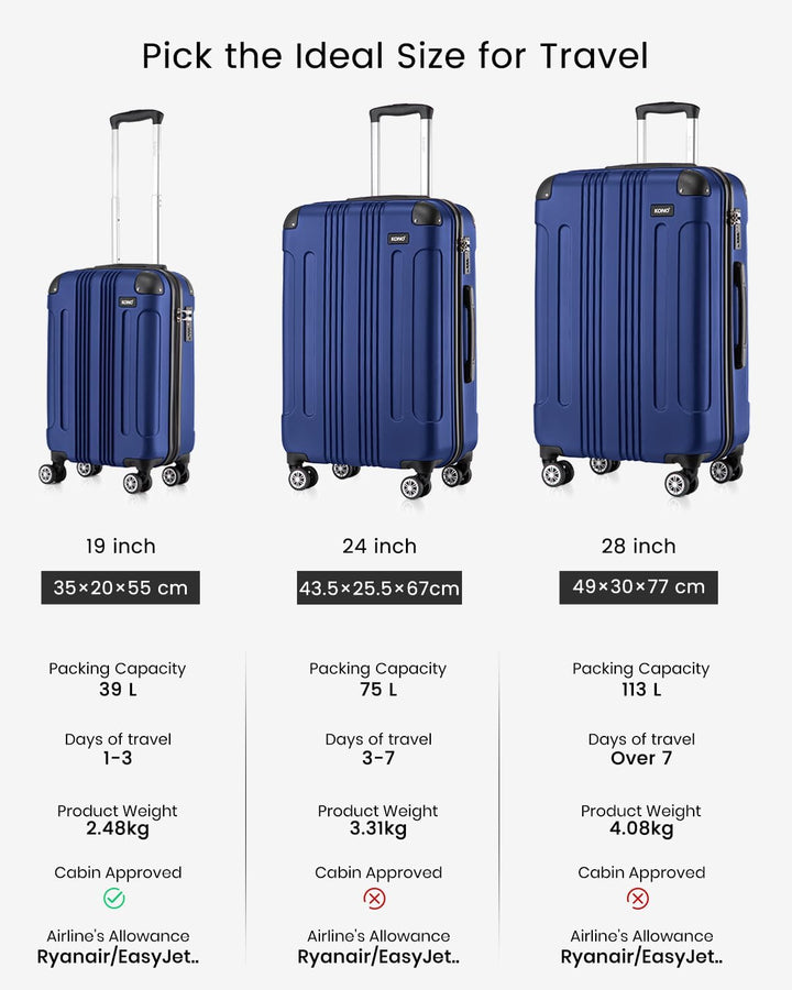 KONO Hartschale Gepäck Leichten ABS Reisekoffer Rollenkoffer 4 Rollen Dunkelblau M(55cm - 33L), Dunk