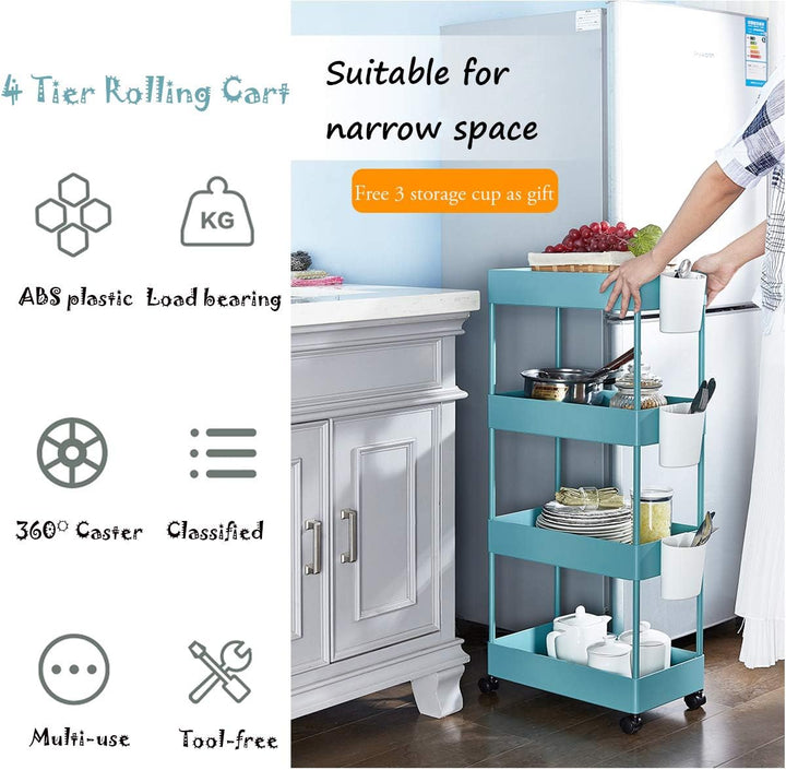 BOMKEE 4-stöckiger Aufbewahrungswagen mit ausziehbarem Rollwagen, mobiles Regal, Trolley, Organizer,