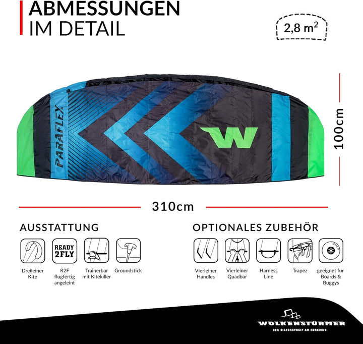 Wolkenstürmer® Paraflex Trainer 3-Leiner Lenkmatte 3.1 grün/orange - „Ready to Fly“ Kite Drachen ink