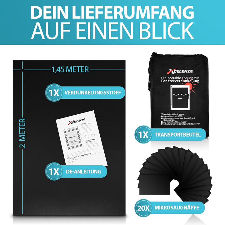Xcelenze - Fenster Verdunkelung 100% lichtundurchlässig | 2m x 1,45m schwarz | Sonnenschutz Dachfens