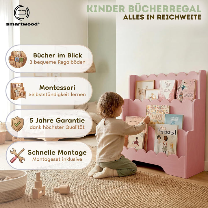 smartwood Montessori Bücherregal Kinder, FSC-Kiefernholz, Rosa, LULU | 3-stufig, 64x31,5x71 cm, Einf