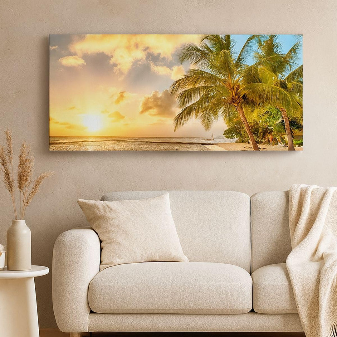 Wandbilder Dekoration Wohnzimmer Strand Meer Palme Panorama Bilder auf Leinwand 120x50cm Leinwandbil